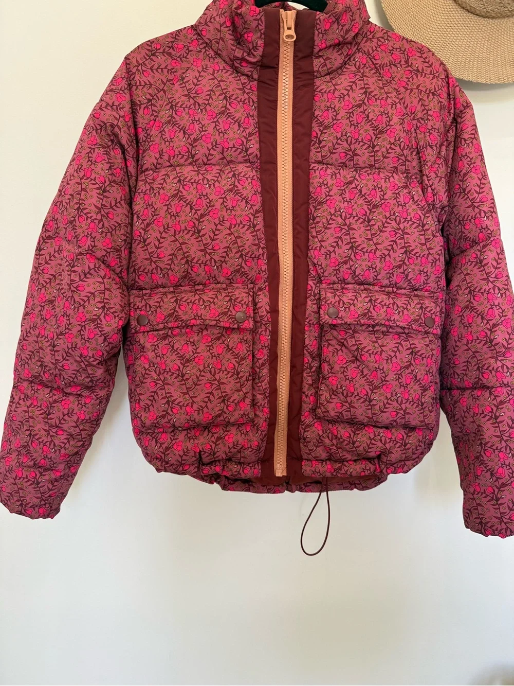 Anthropologie Floral Pink Quilted Puffer Jacket